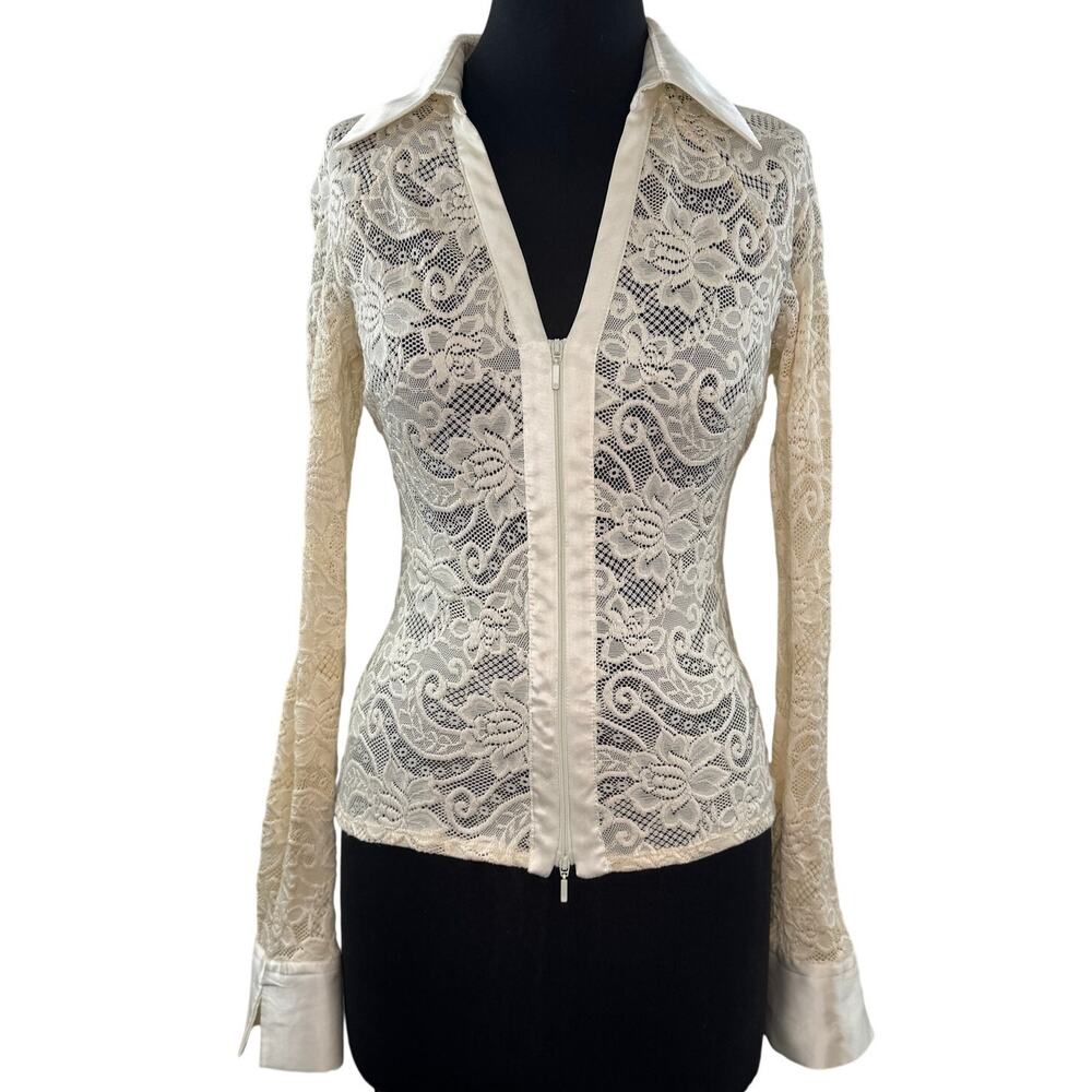 CACHE Luxe Y2k 90s 00's Ivory Blouse Stretch Floral Sheer Lace Zip-Front Size 8